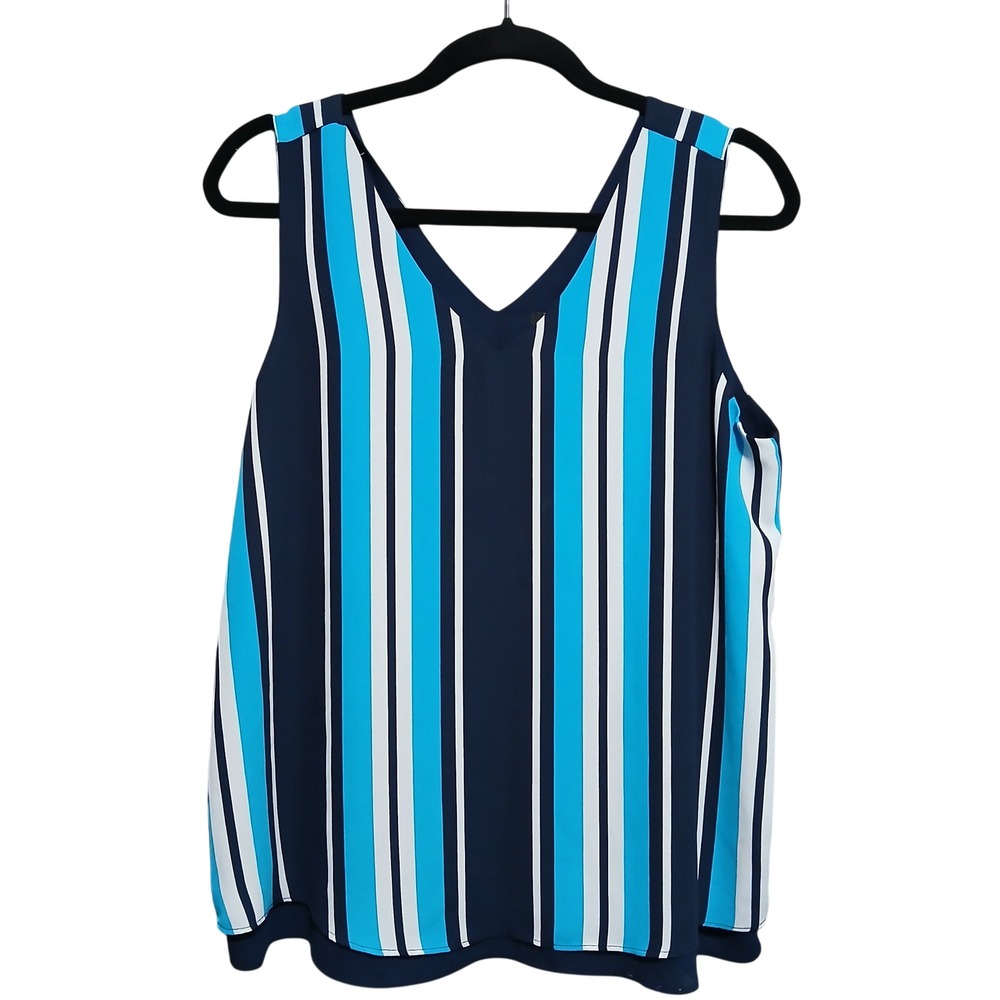Ann Taylor Factory Women Striped V Neck Sleeveless Blouse Top‎ Blue White Navy M